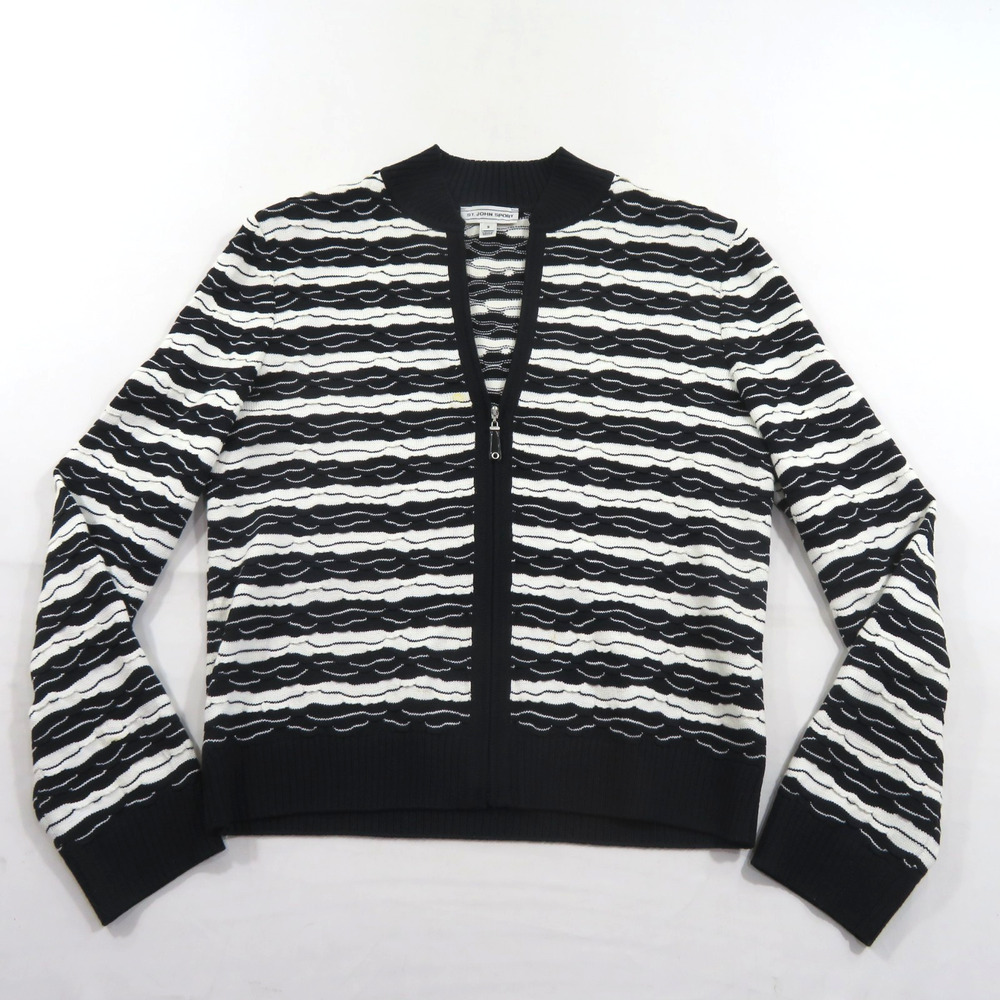 St John Sport Sweater Jacket Black White Striped Womens Sz S Zip Up
